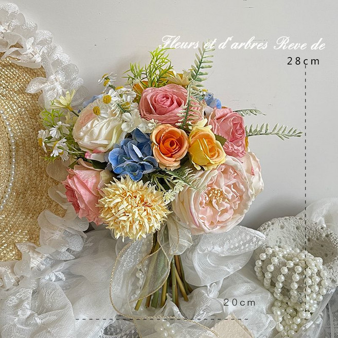 莫奈花園焦邊玫瑰仿真花手捧花婚禮花束, 1個, 【成品發貨】五彩斑斕-手感保濕珍珠手捧花