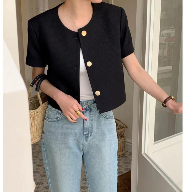 비비디아 썸머 여성 시원소재 반팔 캐주얼 자켓 빅사이즈 정장 심플 라운드넥 재킷 5491