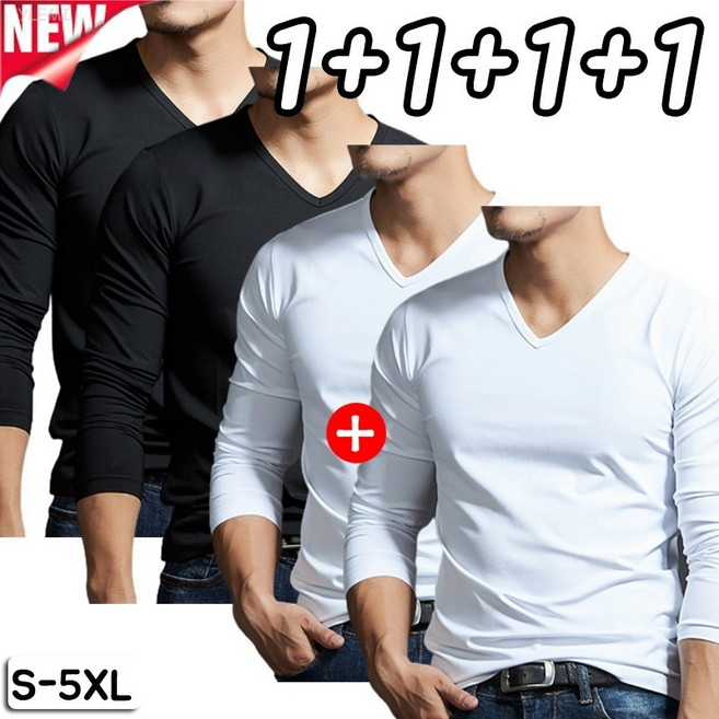 YLEMI 1+1+1+1 남성 면 스판 V넥 긴팔티 빅사이즈 무지티 긴팔 티셔츠 4장 세트