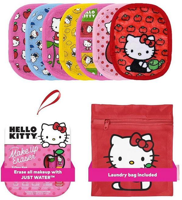오리지널 MakeUp Eraser 7일 세트 방수 마스카라 아이라이너 파운데이션 립스틱 자외선 차단제 등을 포함한 물로 모든 메이크업을 지우세요 헬로 키티 큐티 파이 7개입 2, Hello Kitty Classic