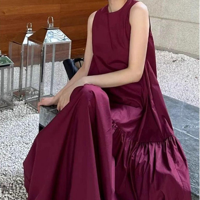 大碼連衣裙 女夏季法式別緻無袖長裙子 烏梅子醬色拼接茶歇顯瘦, 玫紅色,3XL碼 建議100.0-125.0公斤, 玫紅色