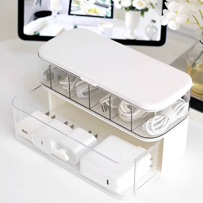 살림하루 책상정리 필수템 충전기 케이블 2단 수납박스, 화이트, 1개