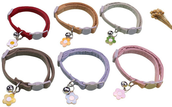 나나봉봉 (1+1) 코듀로이 고양이 포인트 목걸이 강아지 꽃팬던트 방울 목걸이, 1세트, 블루