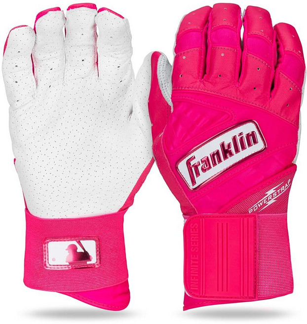 Franklin SPORTS 스포츠 MLB 배팅 장갑 - 인피니트 파워스트랩 야구 + 소프트볼 내구성 있는 풀 랩 케이지 연습 장비 롱 커프 손목 튼튼한 가죽 성인용 스몰 블랙, 핑크 하이라이트
