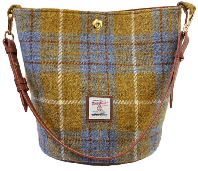 Harris Tweed 여성 버킷백 울 체크 소재 가죽 스트랩 2WAY 숄더 토트 핸드메이드 데일리 출근