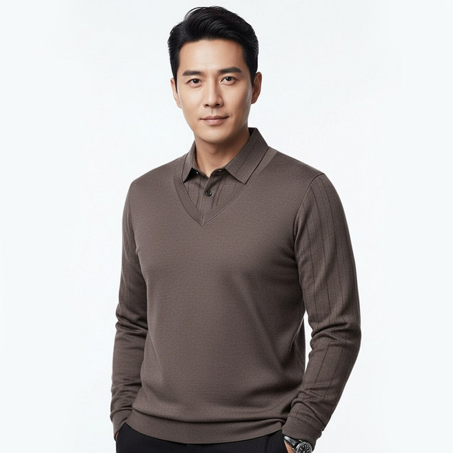 서온리 고급 원사로 너무 편안한 중년 남성 조끼 카라 브이넥 티 셔츠