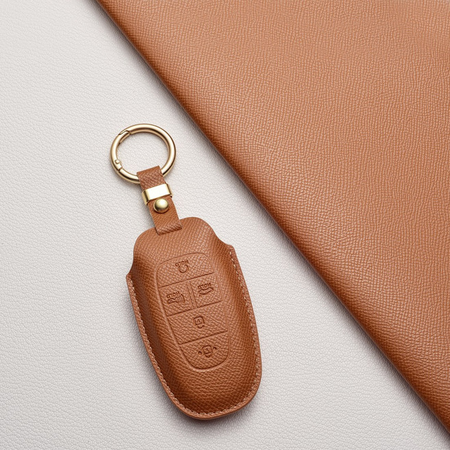 현대 천연 소가죽 스마트 키케이스 호환 (그랜저/싼타페/쏘나타/펠리세이드/넥쏘/투싼) 차량용품 + 선물포장, 현대 J5 타입(5버튼), 샌드 브라운