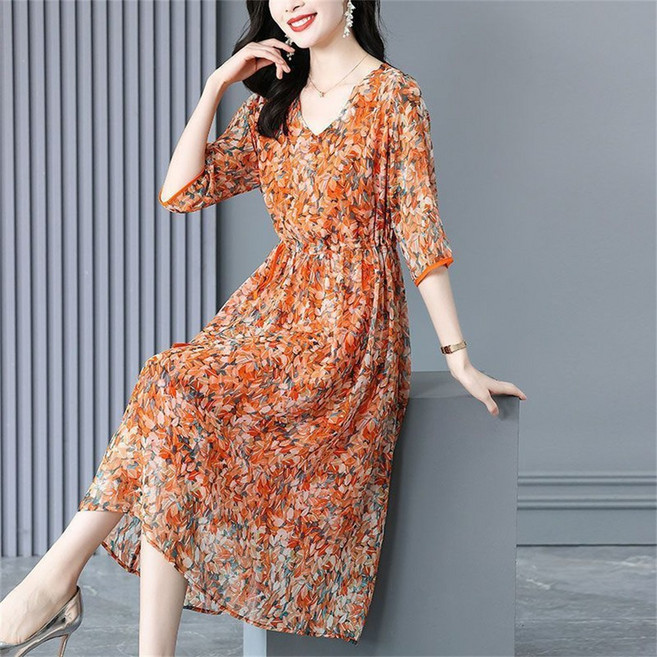besteffie 여성 봄 여름 플로랄 패턴 쉬폰 원피스 V넥 허리끈 7부 소매 상견례옷차림 K81