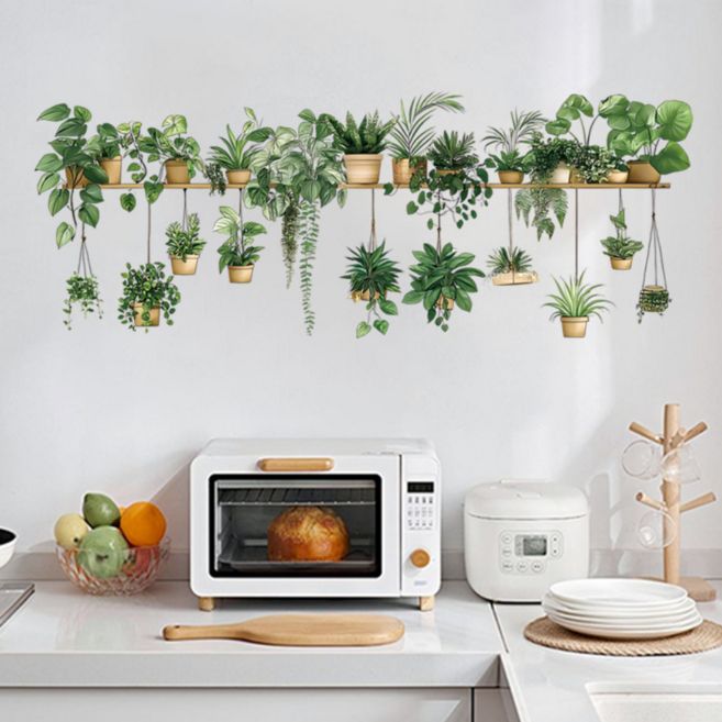 홈앤온 인테리어 그림 포인트 벽지 스티커, 초록화분