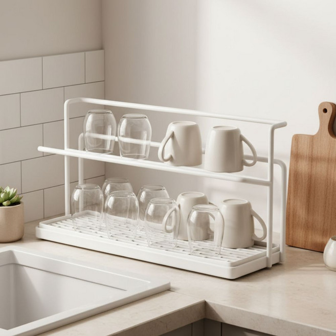 믹스프리 깔끔한 홈카페 컵 정리대 선반 2단, 1개, 화이트
