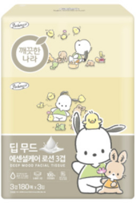 깨끗한나라 딥무드 에센셜케어 미용티슈 로션티슈 180매 3입 1팩 포차코 에디션