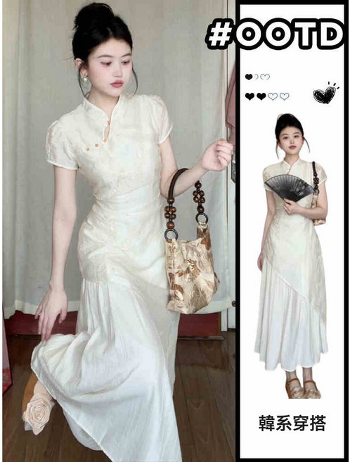 DIU 法式溫柔風新中式旗袍連衣裙子女夏季新款小個子氣質收腰長裙, L