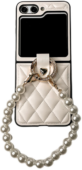 케바케 갤럭시 Z플립 퀄팅 진주 가죽 스트랩 케이스