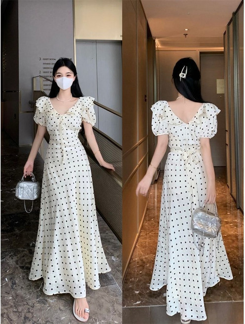 디스너롱원피스 도트 퍼프 원피스 끈 브이넥 슬림 프릴 하객룩 드레스