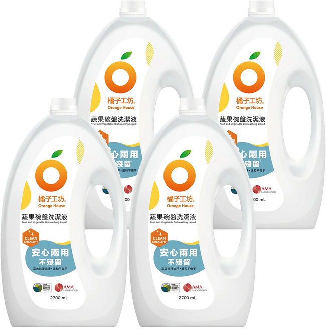 橘子工坊 蔬果碗盤洗潔液 安心兩用, 4個, 2.7L