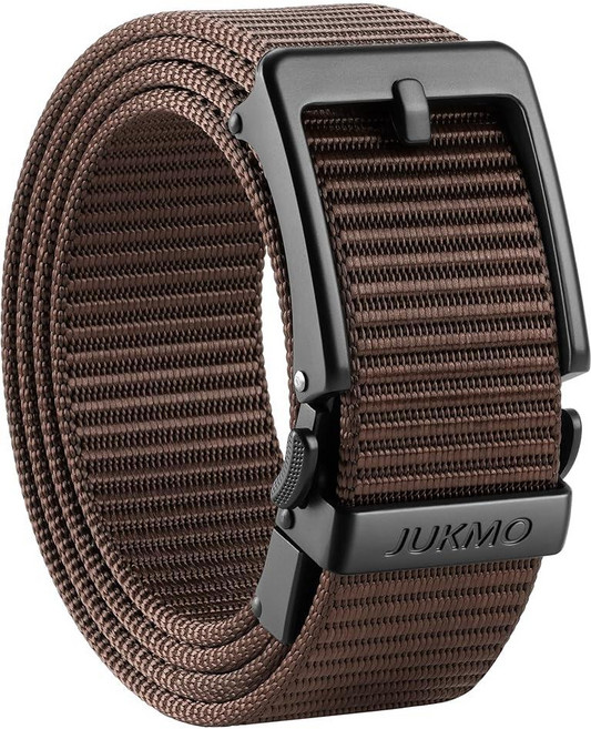 JUKMO 남성용 3.8cm1.5인치 래칫 벨트 - 구멍 없는 조절 가능한 핀 룩 버클 청바지 및 치노용 | 트림 투 핏 나일론 웨빙 카키 미디엄-허리 36-42인치용 길이