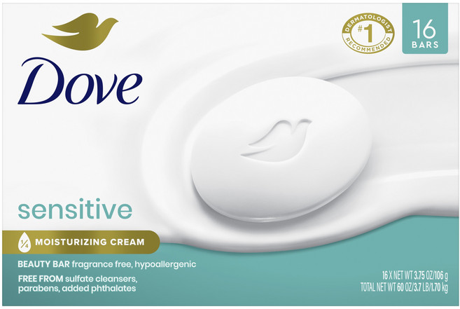 도브 센서티브 모이스처라이징 크림 뷰티 바, 106g, 16개입