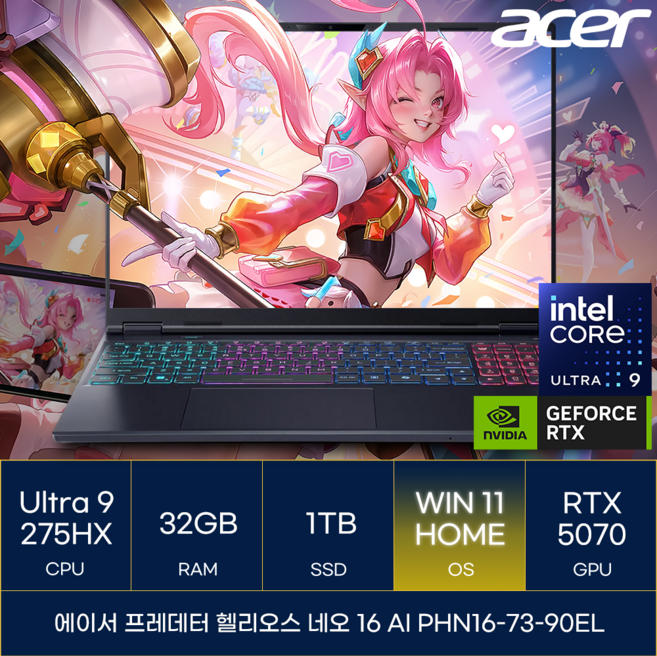 에이서 프레데터 헬리오스 네오 16 AI PHN16-73-90EL, WIN11 Home, 32GB, 1TB, 블랙