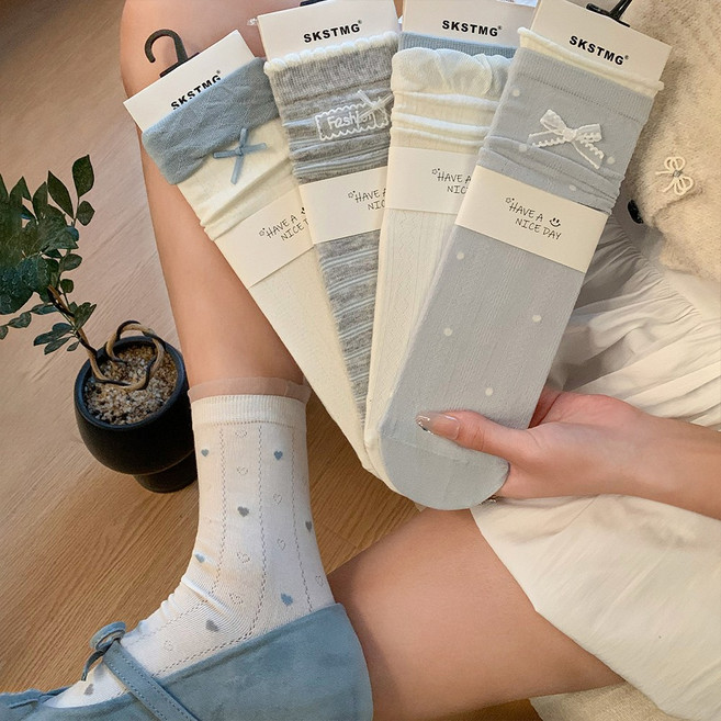 Amnesia cat 여성용 버블 레이스 양말 봄여름용 얇은 가벼운 중목양말 무봉제 통기성 면양말 패션 양말 5족 세트