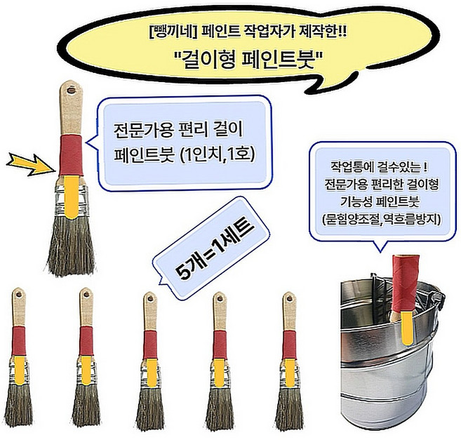 [뺑끼네] 실용신안등록 걸이형 페인트붓 도장전문가용붓 작업성 수성 유성 붓, 1세트