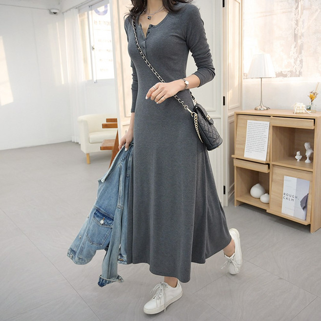 데일리앤 비올 버튼 플레어 A라인 긴팔 롱원피스 홈드레스 봄 가을