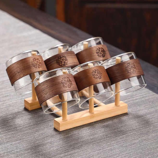 煙灰玻璃茶杯 耐高溫 防燙 品茗杯 茶具套裝, 1個, 150mL透明色4只裝+竹架