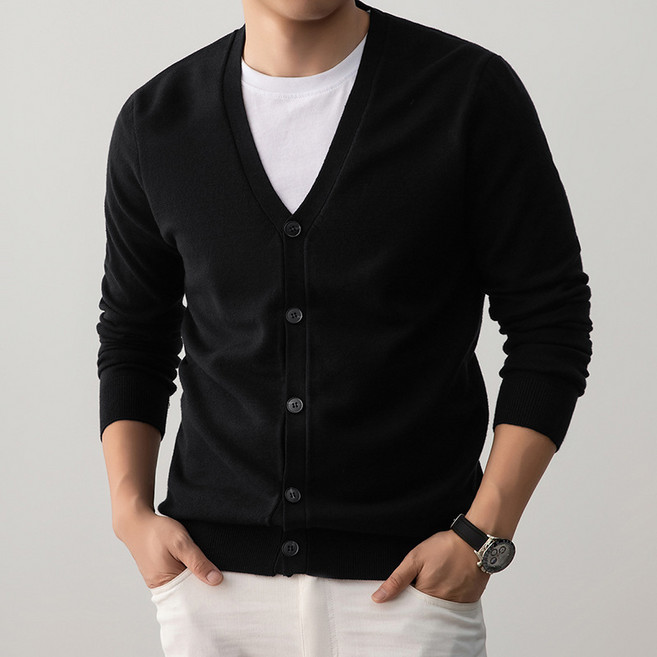 XVWO 남성 오픈 카디건 넥 브이넥 니트 가벼운 베이직 스웨터