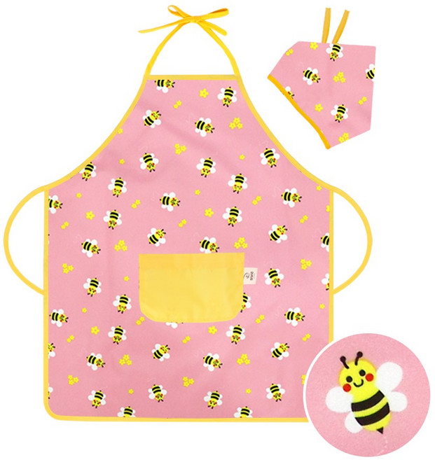 더해피 꿀벌 패턴 목끈형 아동 앞치마+두건 (3종)