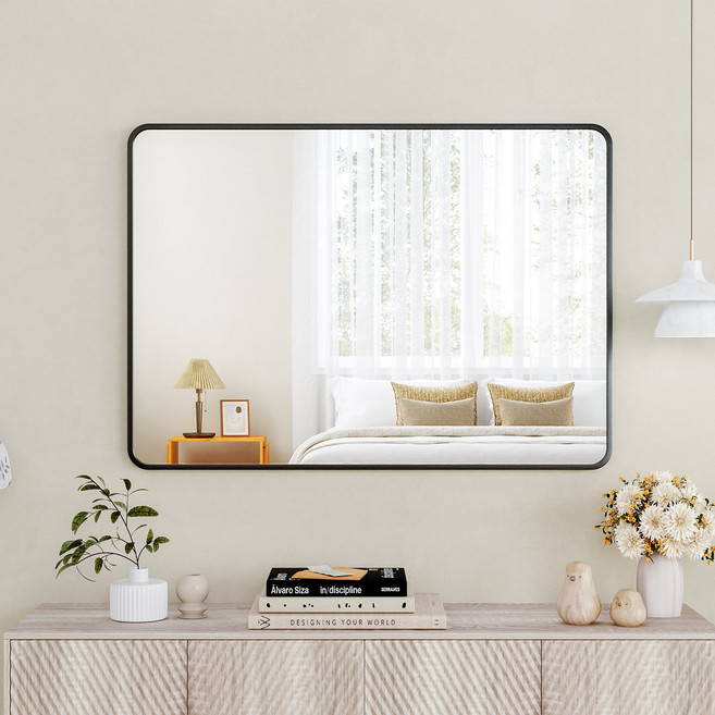 뷰티피크 라운드형 벽거울 화장대거울 욕실거울 강화안전유리, 블랙60cm