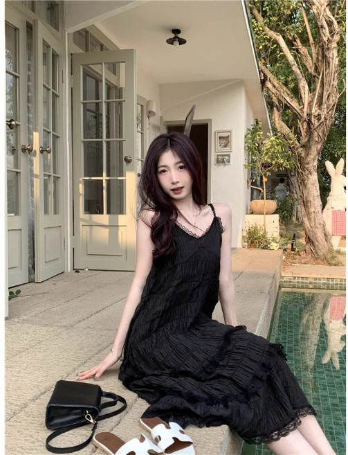 DIU 甜美減齡白色法式吊帶連衣裙女裝夏季度假風小個子寬鬆蛋糕長裙子, 2XL