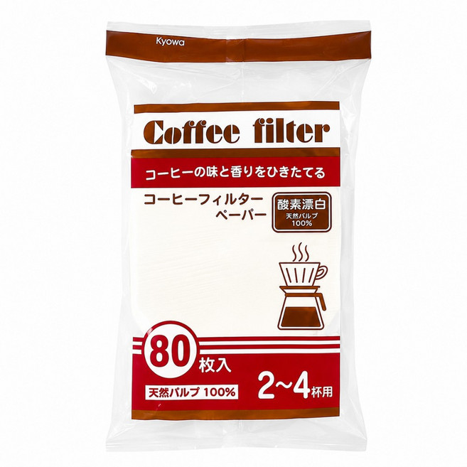 Kyowa 咖啡濾紙 80枚入 2-4杯用 100%天然紙漿, 1個, 80個裝