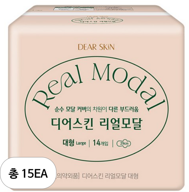 디어스킨 리얼모달 생리대 날개형, 대형, 14개입, 15개