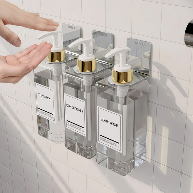 모든집 공중부양 욕실 샴푸 디스펜서 304스텐후크 3종세트, 1세트, 욕실[스텐후크32+투명800/골드+영문3종]