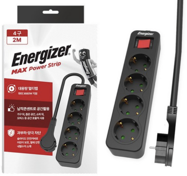 에너자이저 과부하차단 고용량 3680W 멀티탭 4구, 2m, 블랙, 2개