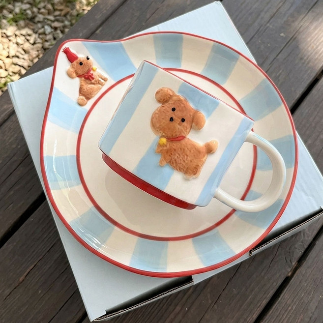 리츠센 포숑 강쥐 머그컵&소서 세트, 1세트, 밀크 소다