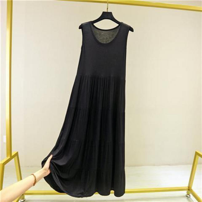 「 大碼連衣裙 」寬鬆莫代爾連衣裙女夏大碼顯瘦背心裙純色A字長裙大擺裙薄打底裙 微防晒 空調房外搭 日系連衣裙 大碼女裝, 黑色,XL 70.0-85.0公斤