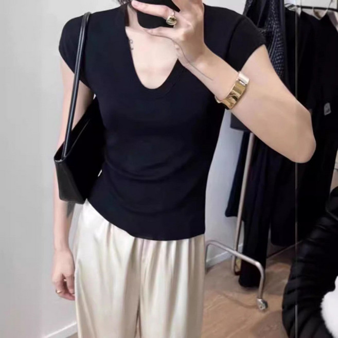 【MDMS】韓版百搭修身針織短袖上衣 女裝U領內搭上衣S104