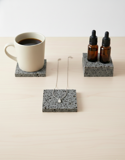 [프리미엄] 천연 대리석 현무암 화산석 컵받침 티코스터 소품 장식 10x10cm 1cm, 그레이