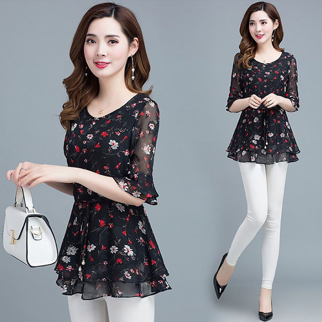 ROYALBELLE 여성 플라워 프린트 허리밴딩 반팔 라운드넥 쉬폰 블라우스 F01022708