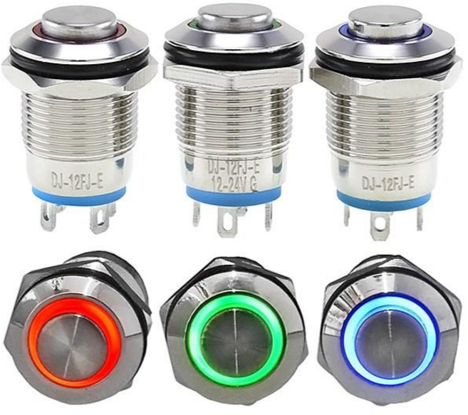 DJ12-FJ-E 12파이 LED 방수 메탈 푸쉬스위치, 1개, PUSH, 적색 (Momentary, DC12-24V)