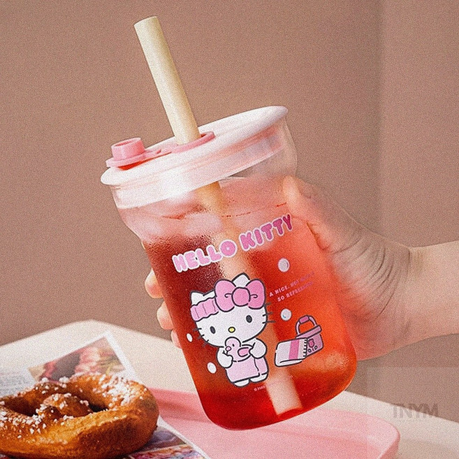뚜껑빨대유리컵 산리오 내열유리 빨대컵 550ml, 시나모롤