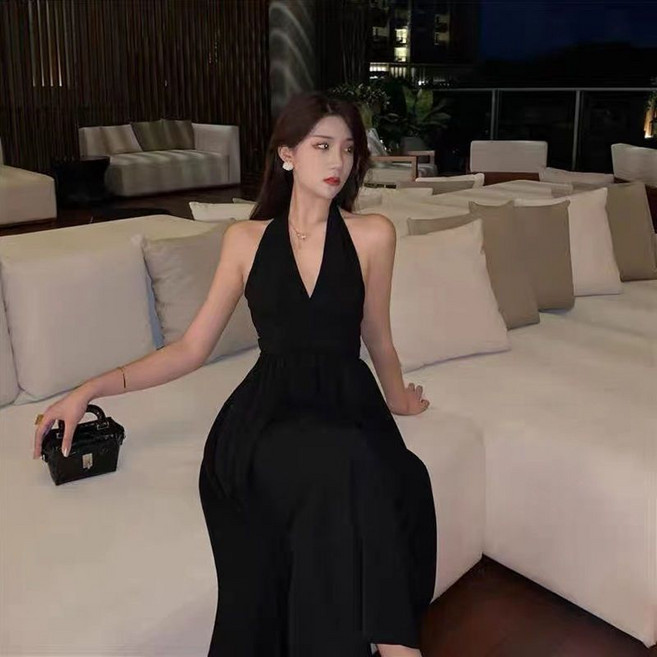夏季海灘掛脖露背深V長連衣裙, 黑色,M