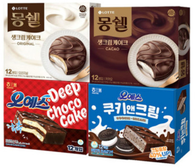 해태 오예스 360g+오예스 쿠키앤크림 360g+몽쉘 카카오케이크 408g+몽쉘 크림케이크, 단일구성