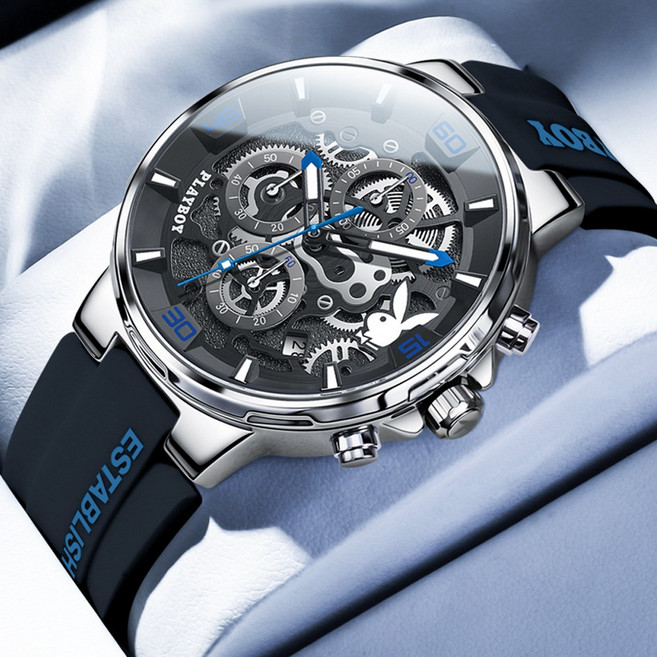 PLAYBOY 플레이보이 남성 아웃도어 스포츠 다기능 시계 충격흡수 실리콘 스트랩 워치