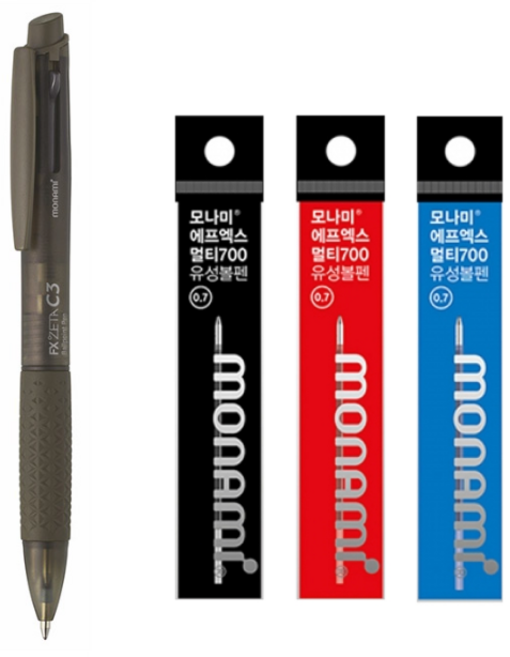 모나미 FX ZETA C3 3색 볼펜 낱개 0.38mm 0.5mm 0.7mm 에프엑스 제타 유성볼펜 다색 볼펜 고무그립 노크타입 클립장착, 0.7mm 카키브라운+리필 3개, 1세트