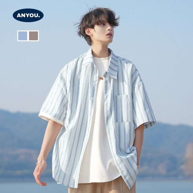 ANYOU 남자 여름 반팔 스트라이프 셔츠 루즈핏 통기성 캐주얼 티셔츠