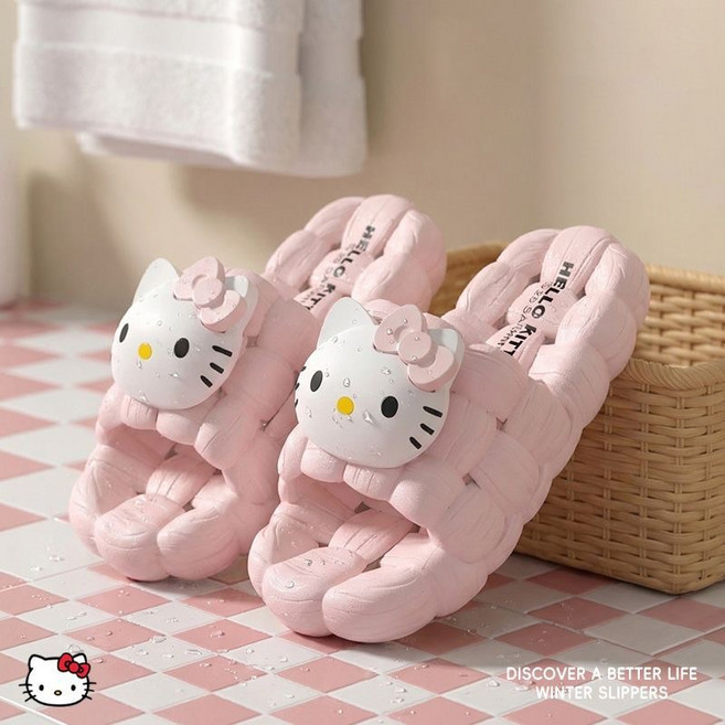 다나에 귀여운 헬로키티 EVA 슬리퍼 물빠짐 미끄럼방지 욕실화 +크세라스 머리끈, 1개, 핑크