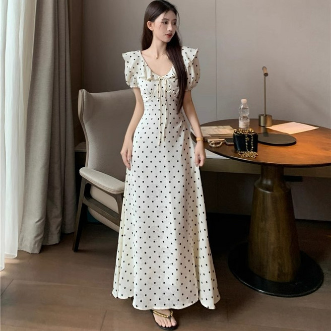Asure 여성 여름 도트 원피스 프릴 롱원피스