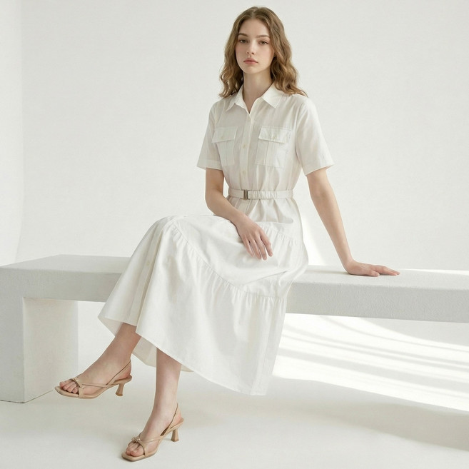 셔츠 핏 티어드 벨티드 롱 원피스_INI6M1OP3591