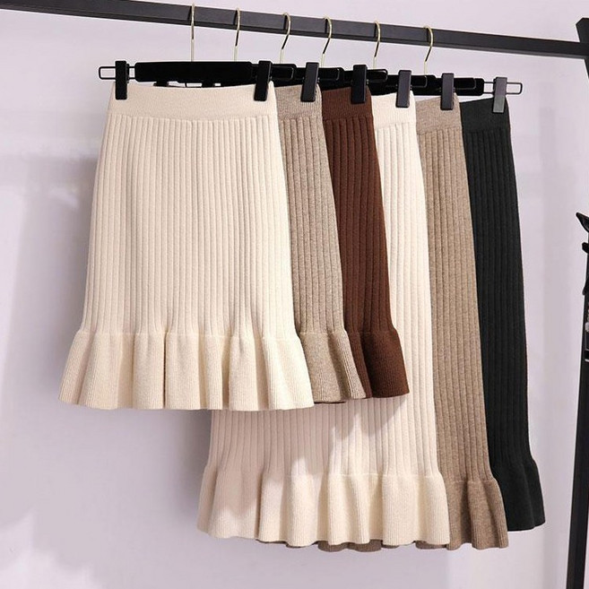 스타일아유 여성 A라인 골지 밴딩 슬림핏 프릴 니트 스커트